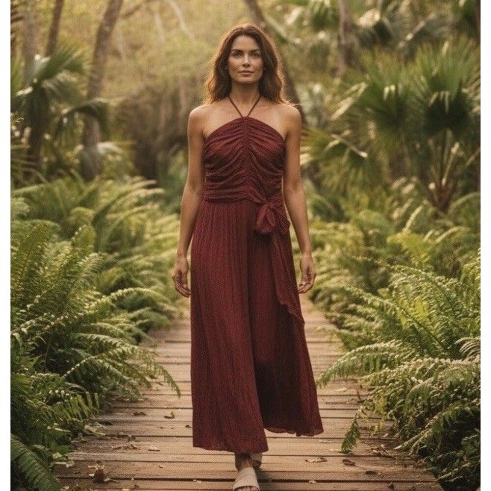 WHBM Strapless Pleated Tie Waist Dress Size 6 Sienna Reddish Brown Crinkle NWT